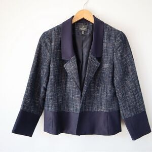 Adrianna Papell Navy Blue Tweed Blazer Size 14 Lady Jacket Open Preppy Old Money